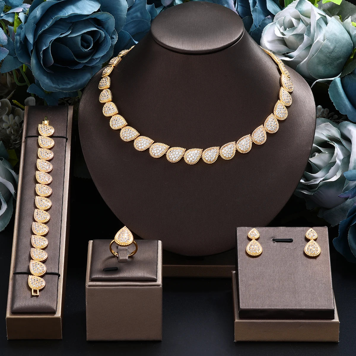 Conjunto de joias de casamento com 4 peças de zircônia cúbica, brincos, colar, pulseira e anel para festas femininas