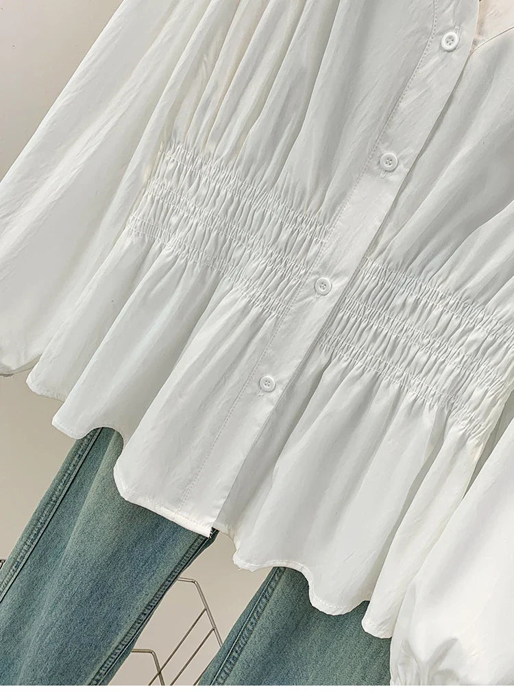 2026 V-neck Long Sleeved Plus Size Shirt Loose Pleated Ruffle Oversized Tops Ladies Chic Elegant Solid Versatile Blouse