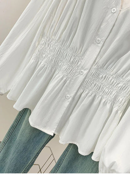 2026 V-neck Long Sleeved Plus Size Shirt Loose Pleated Ruffle Oversized Tops Ladies Chic Elegant Solid Versatile Blouse