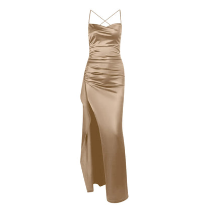 Women's Fashion Elegant Fitted Pleated Slit Satin Gown Solid Color Sleeveless Backless Long Dresses Summer Satin Party Dress