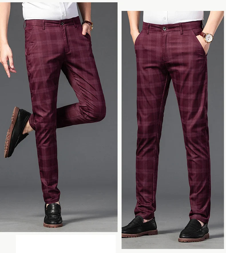 Brand Clothing Mens Casual Pants Fashion Plaid Classic Business Formal Trousers Elastic Straight Social Luxury Suit Pants