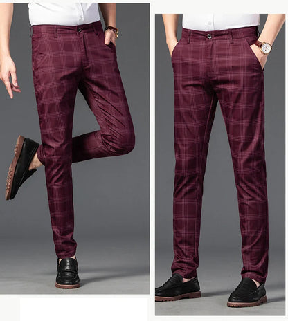 Brand Clothing Mens Casual Pants Fashion Plaid Classic Business Formal Trousers Elastic Straight Social Luxury Suit Pants