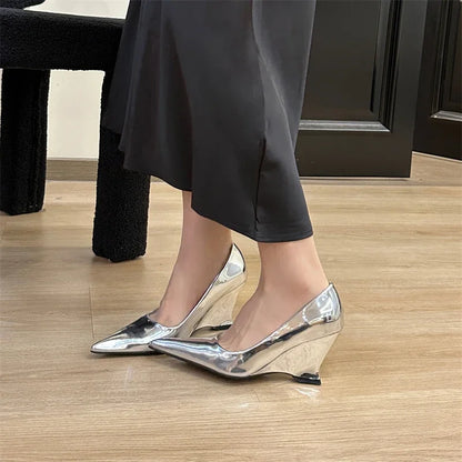 New Design Pointed Toe Wedges High Heels Women Pumps Silver Red Shoes Sexy Wedding Banquet Zapatos Mujer