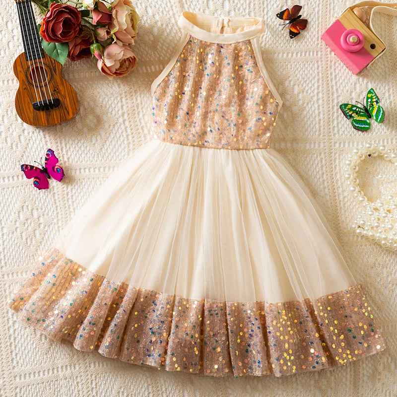 Girl Party Princess Dress Summer Sequin Tulle Dress Elegant Party Red/Pink/White Dresses 3-7Y for Wedding Birthday Holiday Gift