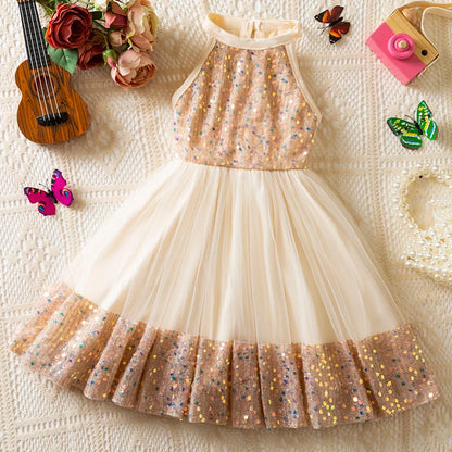Girl Party Princess Dress Summer Sequin Tulle Dress Elegant Party Red/Pink/White Dresses 3-7Y for Wedding Birthday Holiday Gift
