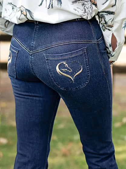 High-Waisted Embroidered Flare Jeans - Stretch Denim Bell Bottoms