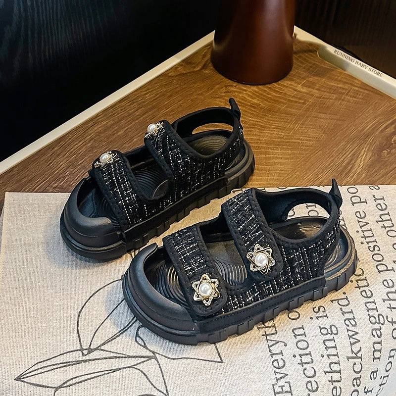 2025 Nice Straw Children Sandals New Arrivals Girls Appliques Metal Decos Sandals for Kids Girl Anti-kick Toe Beach Shoes I03242