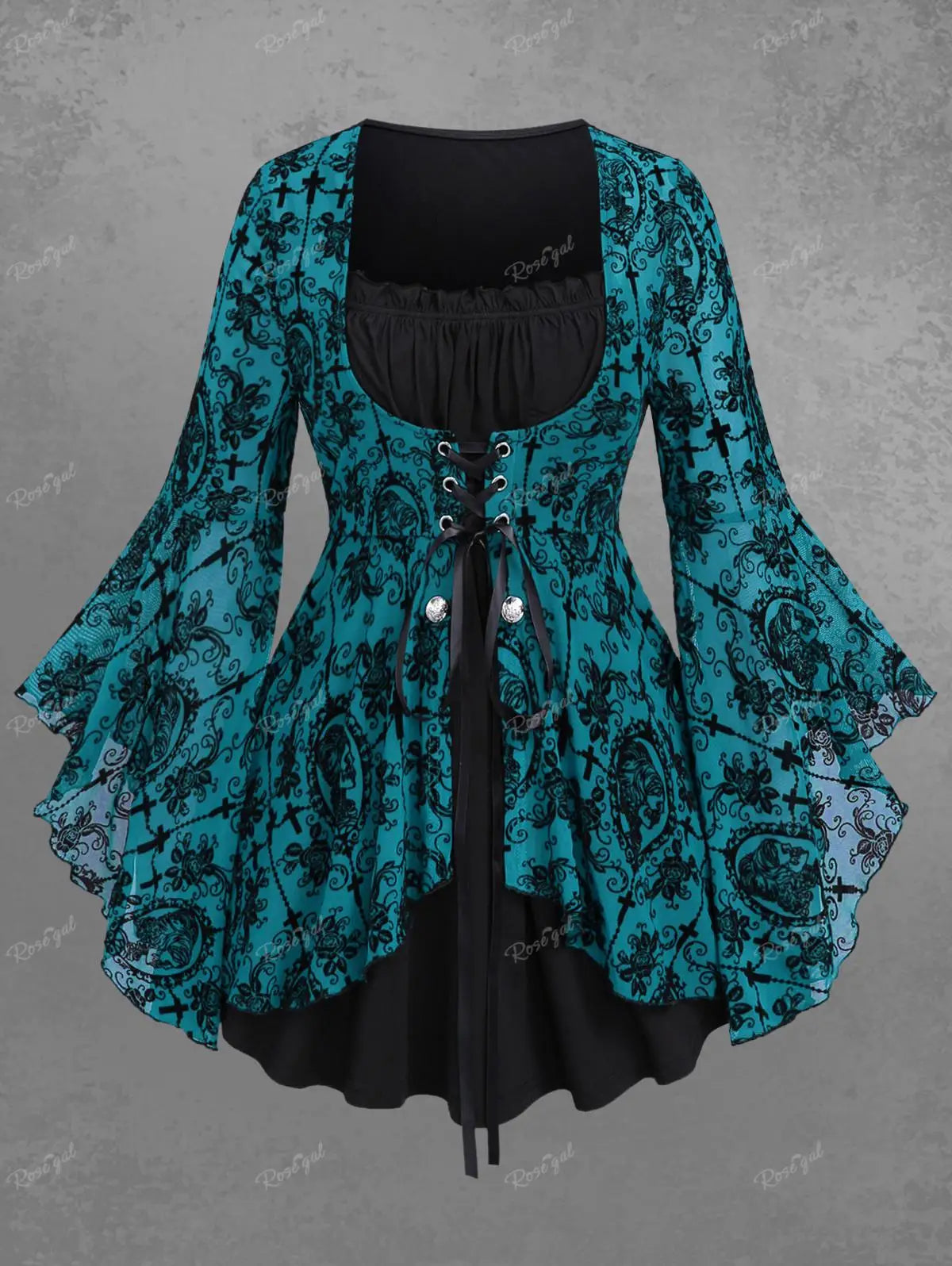 Plus Size Gothic Bell Sleeves Cross Floral Mesh Flocking Lace Up Ruched Ruffles 2 in 1 Long Bell Sleeve Top