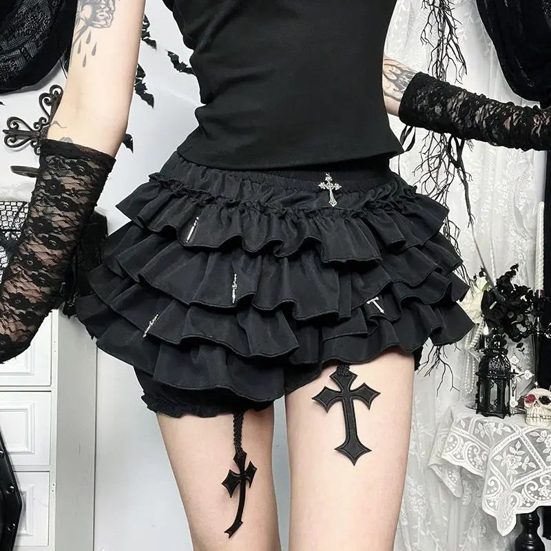2026 Summer New Arrival Hot Girl Trendy Versatile Mini Skirt Dark Cross DesignTiered Cake Black Fluffy Skirts