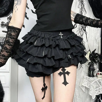 2026 Summer New Arrival Hot Girl Trendy Versatile Mini Skirt Dark Cross DesignTiered Cake Black Fluffy Skirts