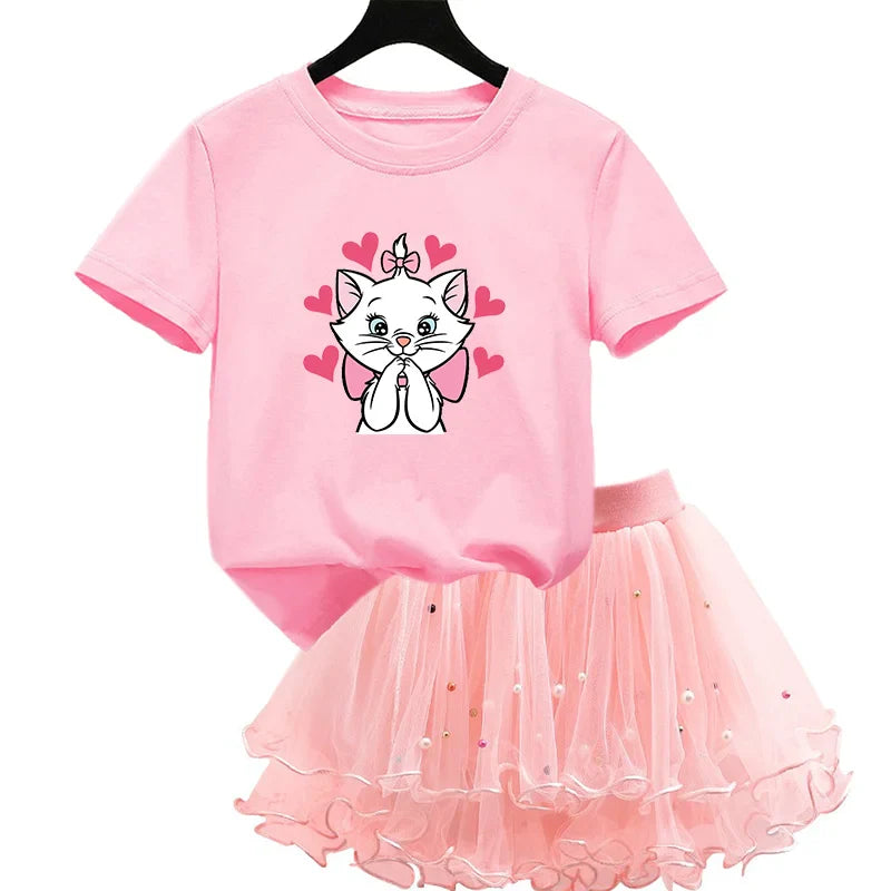 The Aristocats Marie Cat 2Pcs/Set Girl Dress Kid Birthday Clothes Party Princess Dress T-shirt+Tutu Skirt Summer Christmas Gift