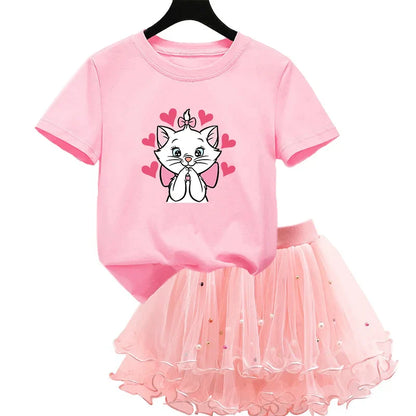 The Aristocats Marie Cat 2Pcs/Set Girl Dress Kid Birthday Clothes Party Princess Dress T-shirt+Tutu Skirt Summer Christmas Gift