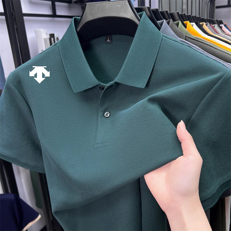 100% men's summer luxury brand polo shirt lapel geometric printing short sleeves t-shirt outdoor leisure men clothing tops