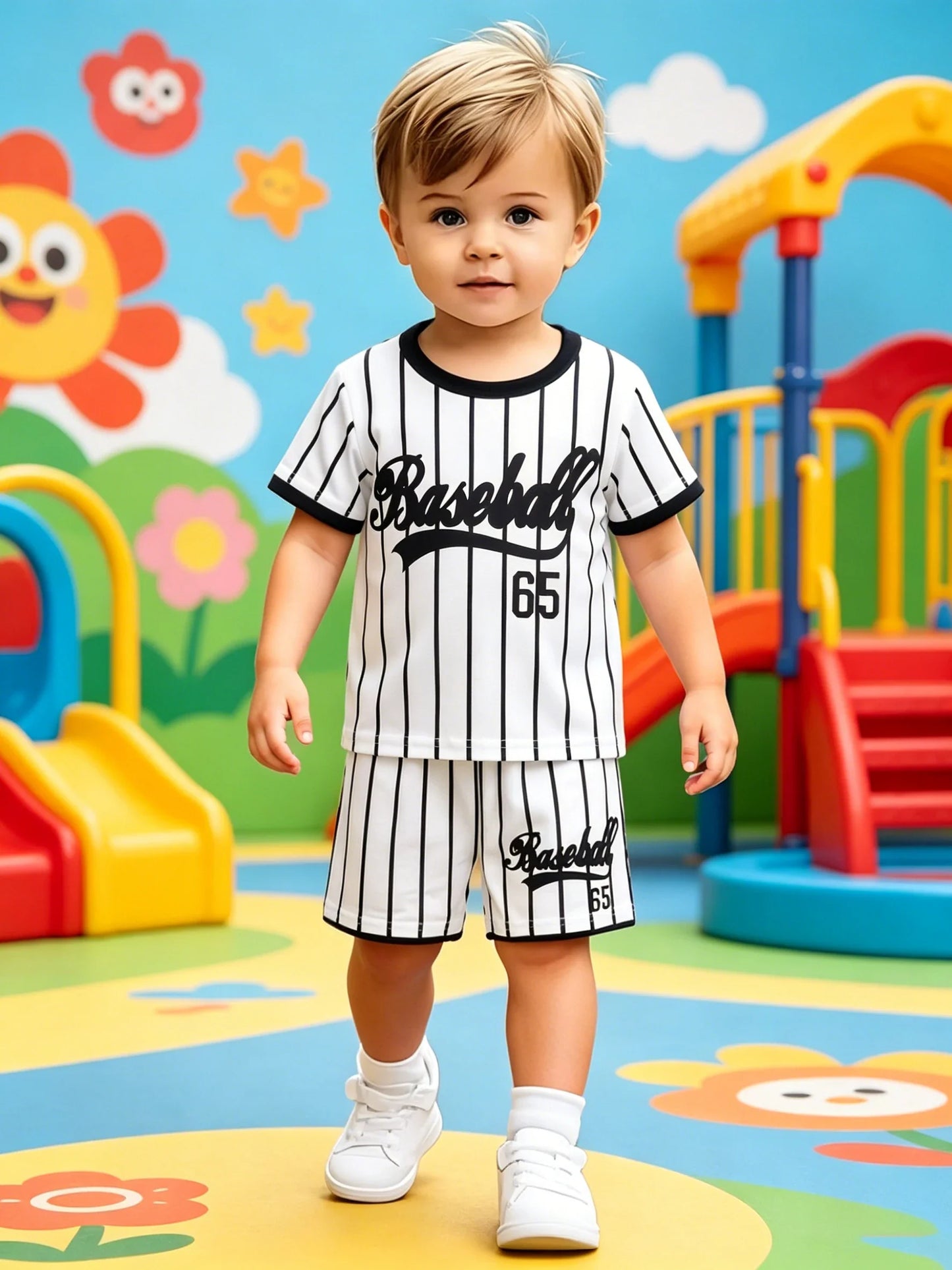 Summer New Arrival Boys Black White Color Block Baseball Style Stripe Short Sleeve Shorts Set