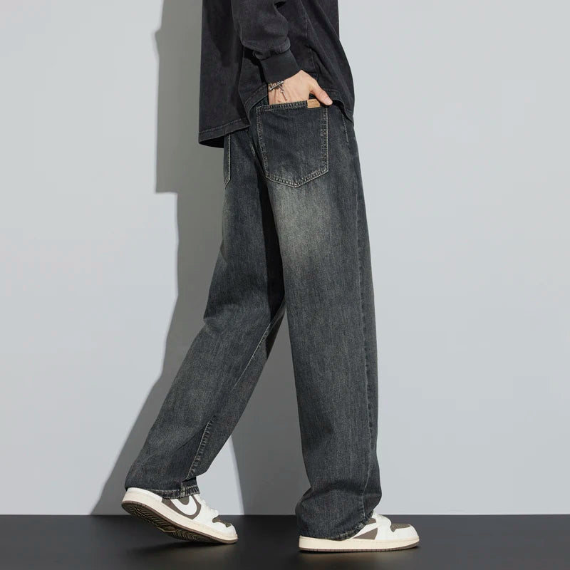 Korean Wide Legs Fleece Jeans Men's Winter Warm Thickened Velvet Loose Straight Casual Denim Pants Korean Fashion Trousers