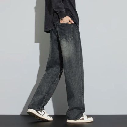 Korean Wide Legs Fleece Jeans Men's Winter Warm Thickened Velvet Loose Straight Casual Denim Pants Korean Fashion Trousers