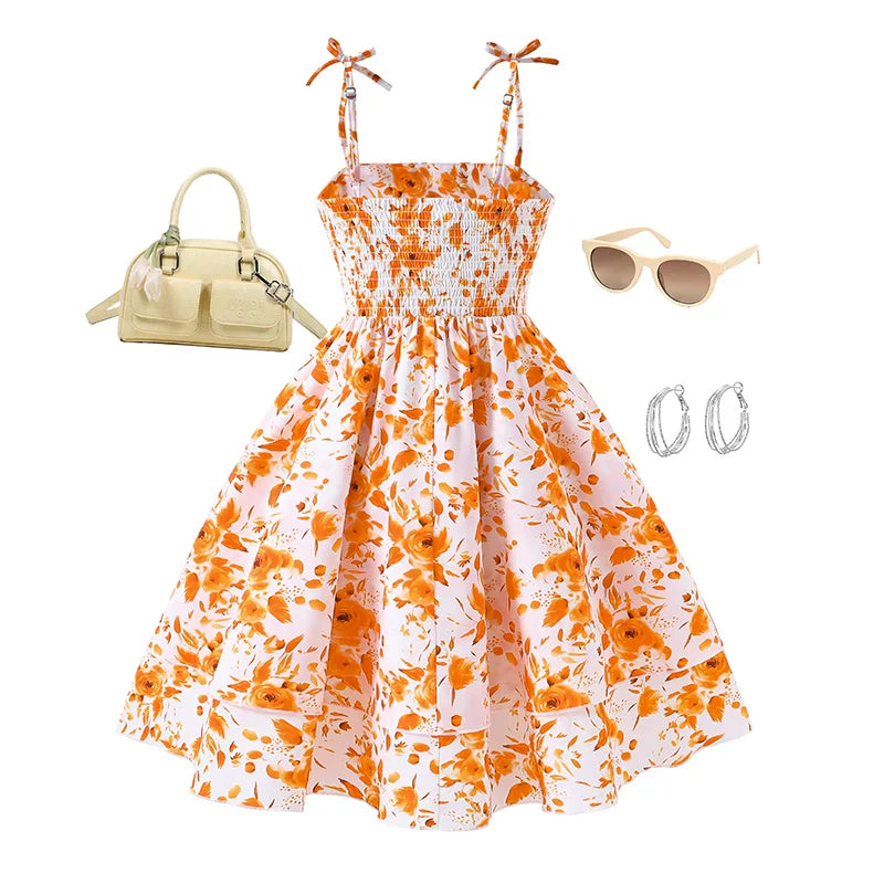 Girls 8-12 Orange Floral Summer Casual Dress, Front Spaghetti Strap Bow Decor Ruched Waist & Tiered Skirt, Daily Kids Outfit