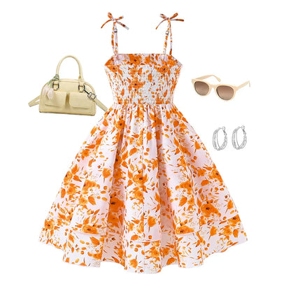 Girls 8-12 Orange Floral Summer Casual Dress, Front Spaghetti Strap Bow Decor Ruched Waist & Tiered Skirt, Daily Kids Outfit