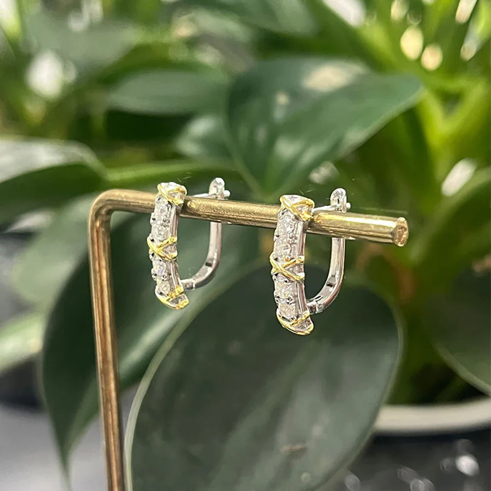 X-Shape Yellow Gold Cross Moissanite Diamond Hoop Earrings for Women 925 Sterling Silver Plated 18k Gold U-shaped Ear Buckle