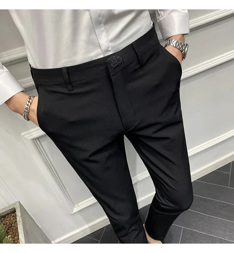 Men's Slim Fit Chino Pants with Embroidered Design - Classic Korean Style Casual Trousers for Daily Wear 28-42