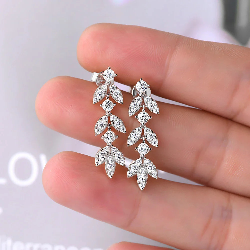 0.6cttw Long Tassel Moissanite Diamond Drop Earrings for Women 925 Sterling Silver Plated Gold Luxury Leaf Earrings Fine Jewelry