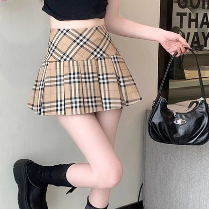 Summer Chic Korean Lady Thin Wrap Hip Skirts Female Retro High Waist A-line Skirts Women Fashion Plaid Designer Skirts