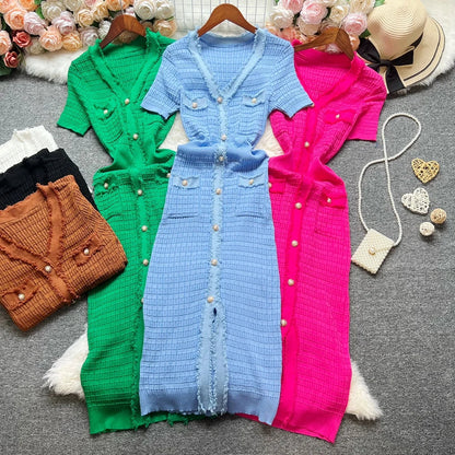 Fashion Sexy Package Hips Knitted Dress Women V-neck Single-breasted Bodycon Sweater Dress Office Lady Vestidos