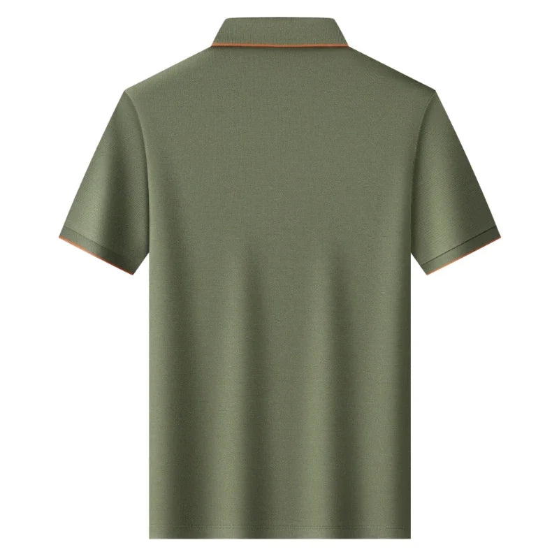 Men's Silk Zipper Polo Shirt Short Sleeve Mulberry T-Shirt Metal Zipper, Stand Collar Luxury Casual Summer Top Cotton&Linen Tee