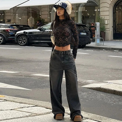 Sexy V-Neck Sheer T-Shirts Fashion Women Flare Long Sleeve Spring Lace Slim Pullovers Tops Casual Evening Party Club Chic Tees