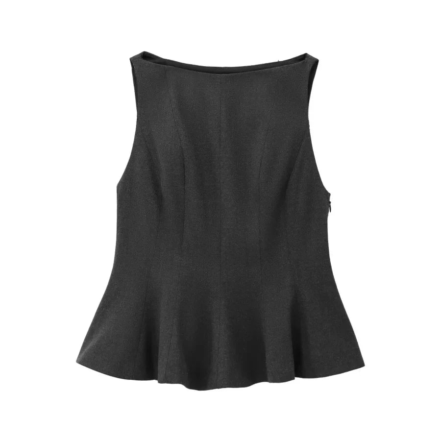 Fall/Winter 2025 New  Women's Fashion Elegant ruffled hem round neck sleeveless waist slim-fit top 4661124