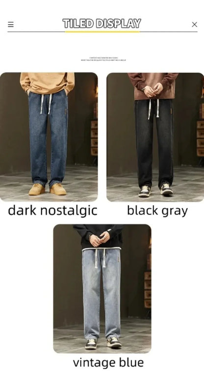 Men's Retro Jeans Elastic Waist Fashion Loose Straight Casual Wide Pants Cotton Casual Korean Baggy Wide Leg Denim Trousers