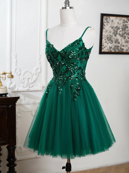 Mini Cocktail Dress Sequin Appliques V-Neck Backless Spaghetti Strap Gowns Pleated Tulle A-Line Homecoming Dresses
