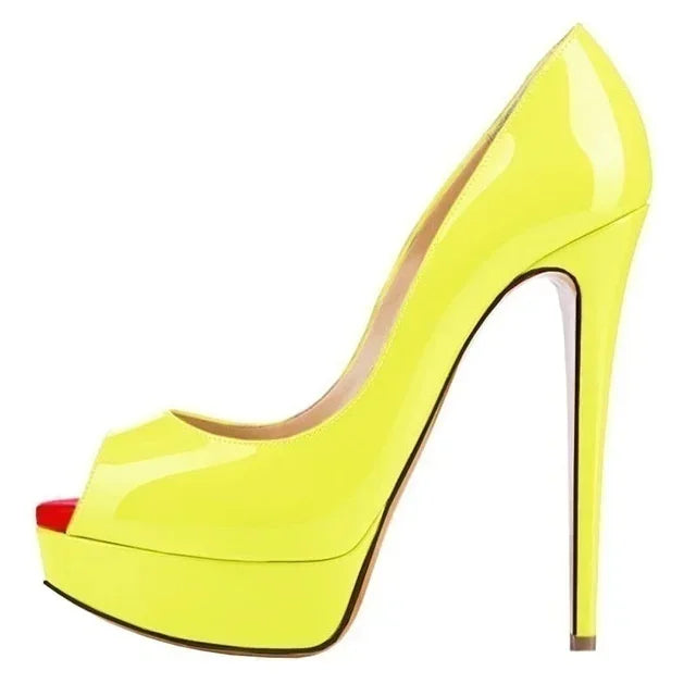 2026 New Women Pumps Sexy Platform Peep Toe 14cm Extremely High Heels Stiletto Patent Leather Party Nighclub Red Wedding Shoes