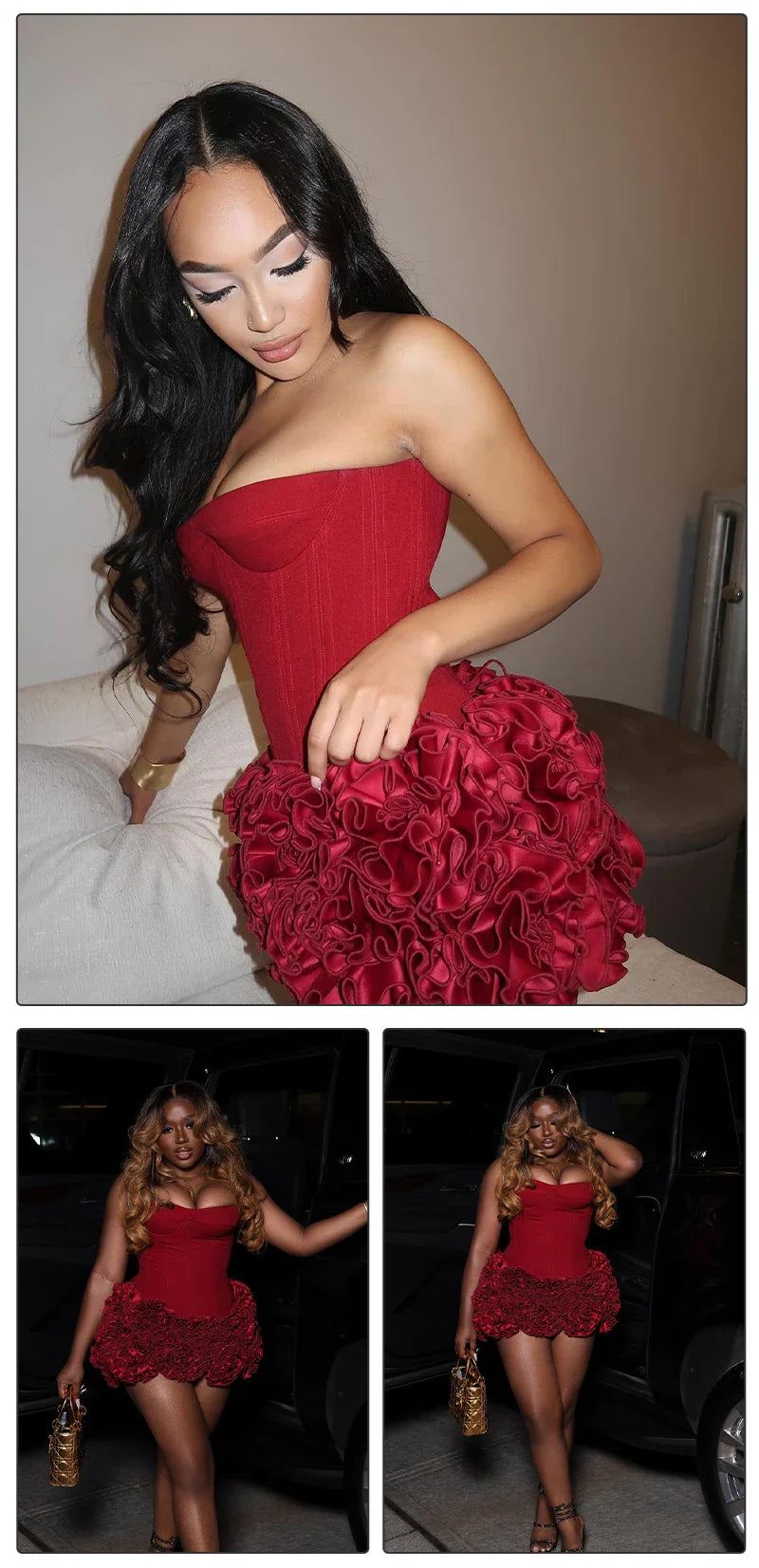 Christmas Dress Strapless Backless Red Structured Floral Embellished Mini Length Bodycon Celebrity Party Cocktail Dress