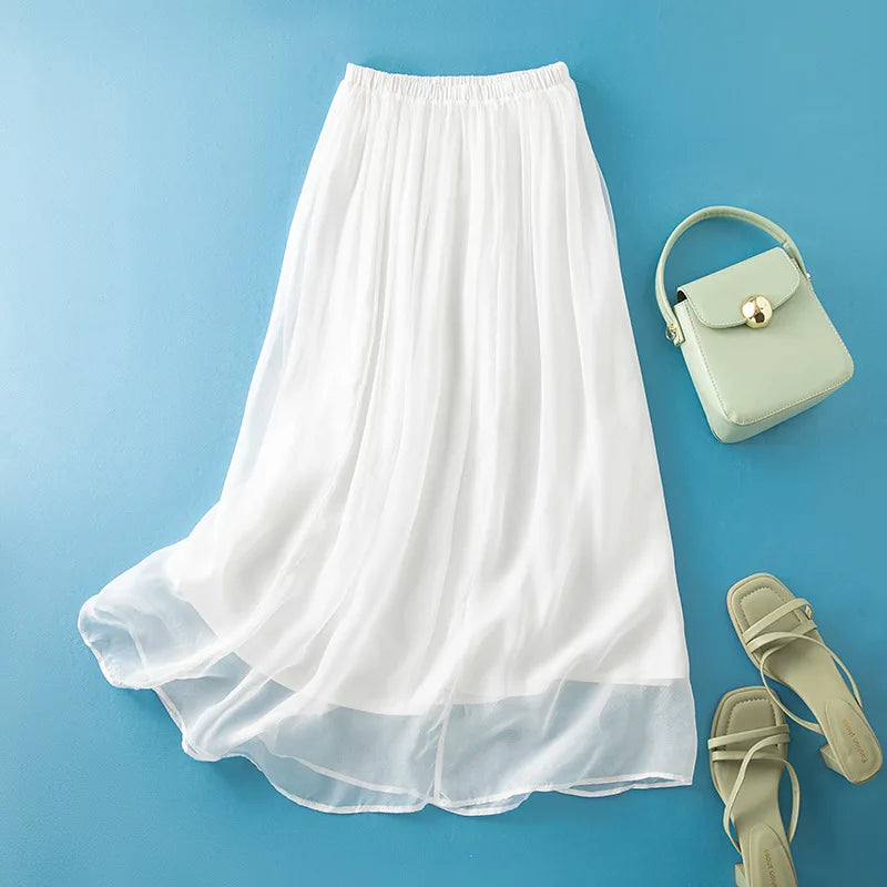 Women 100%Real Silk Elegant Skirts, Elastic Waist Solid, French Temperament Fairy Commute Skirt, 2025 Summer B56433CC