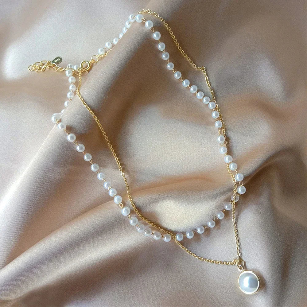 Fashion Kpop Pearl Choker Necklace Cute Double Layer Chain Pendant For Women Jewelry Girl Gift