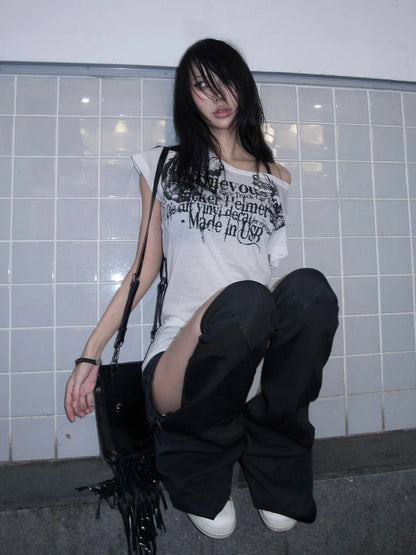 Japanese Y2k Letter Print T-shirt Trashy 2000s Style Tattoo T Shirt Vintage Harajuku Short Sleeve Sheer Tops Grunge Goth