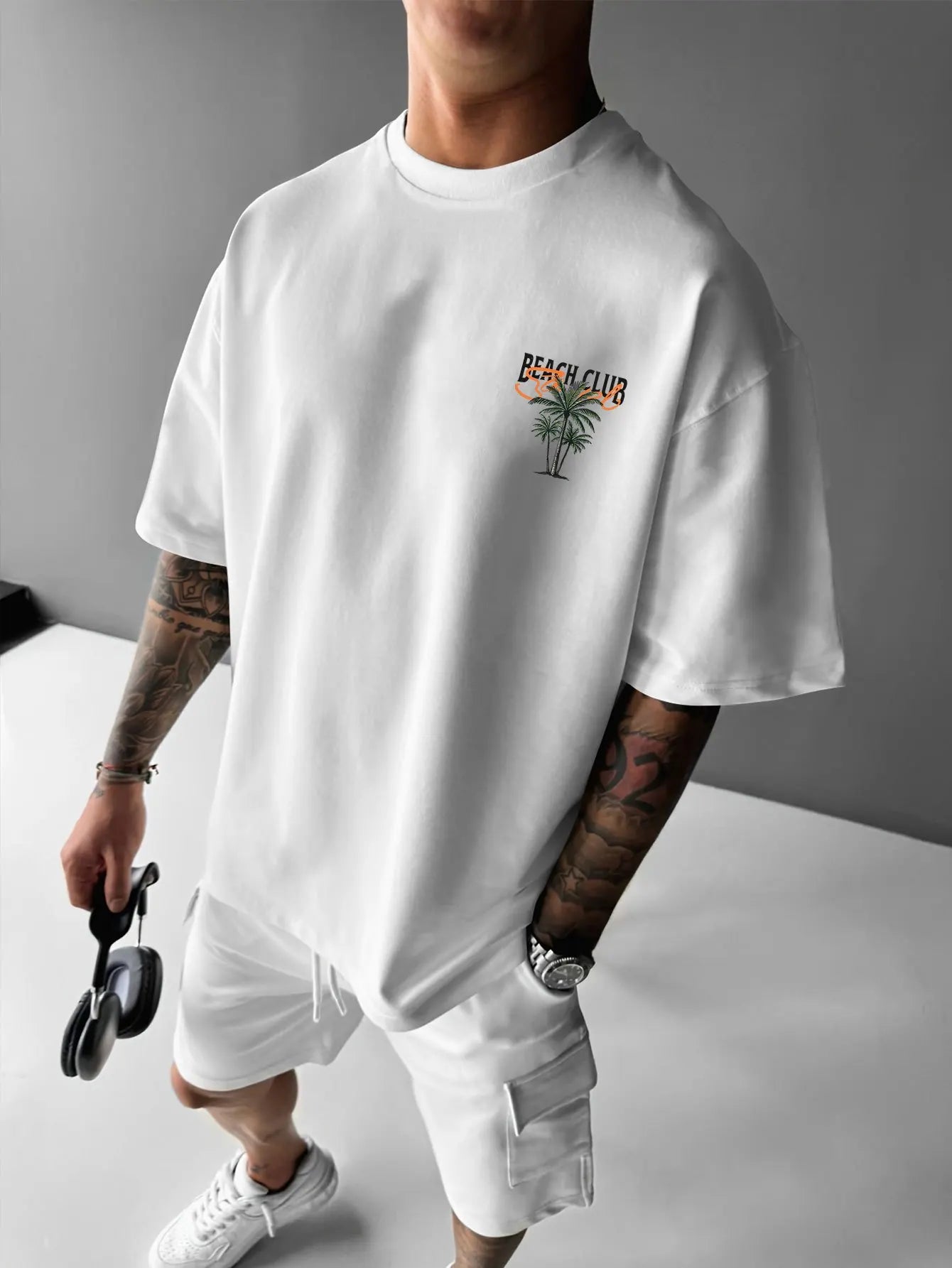 California Beach Club Palm Tree Print on Premium Soft 100% Cotton Mens T Shirt Perfect for Summer Tropical Casual Style