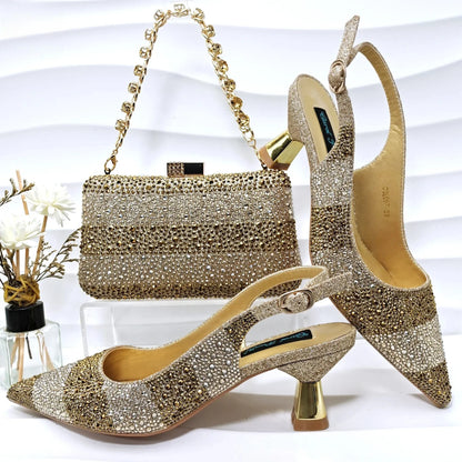 Fashion Nigerian Women Heel Party Ladies Italian Design Green Shoes And Bag Set Decorated with Rhinestone Handbag Wedding Party
