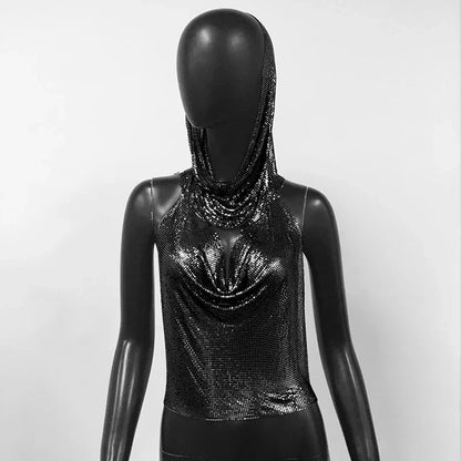 Fashion Metal Sequined Y2k Women Crop Top Tank Tops with Headscarf Metallic Sequins Sexy Backless Hollow Out Halter Corset top