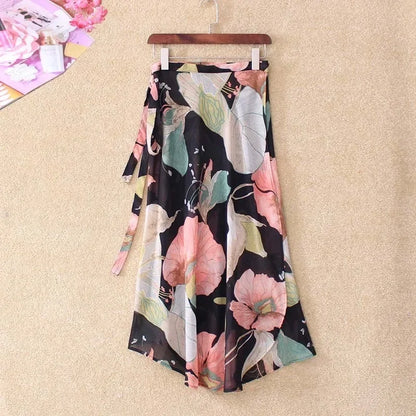 2025 New Women's One-Piece Floral Print Skirt High Waist Wrap Chiffon Beach Dress with Tie Waist Summer Vacation Boho Style
