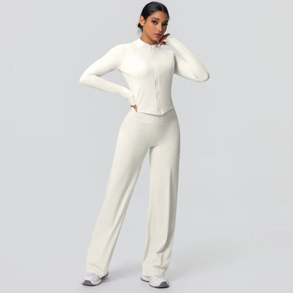 2pieces Quick Drying Sports Fitness Clothing Yoga Set Women Yoga Zipper Long Dleeves High Waisted Breathable Wide Leg Pants Set