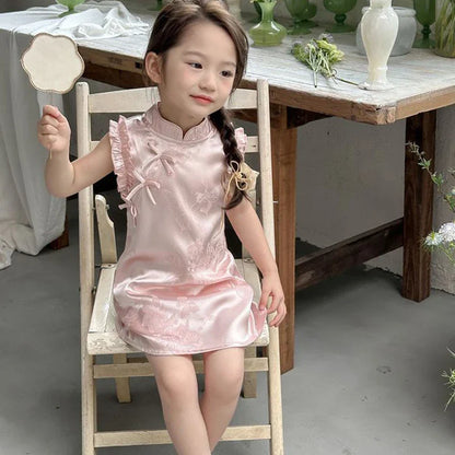 Vestido de princesa rosa estilo chinês retrô Qipao sem mangas para meninas de 2 a 10 anos Vestido 2026 Novo verão Roupas para o Dia das Crianças 6.1