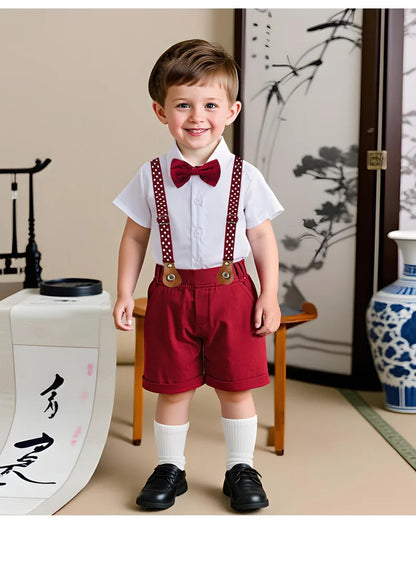Baby Boys Gentleman 2pcs Summer Outfit Shirt Suspender Pants Set Formal Birthday Wedding Party Toddler Kids Gentleman Clothes