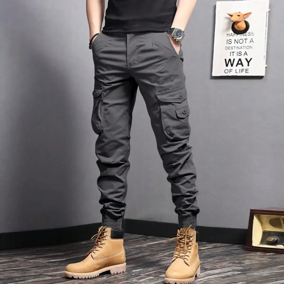 Casual Side Flap Pockets Workwear Tapered Pants, Men's Cargo Pants for Spring Fall Outdoor
