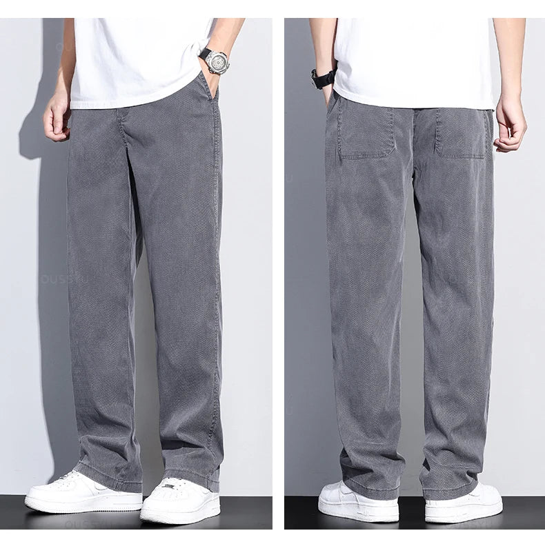 Summer New Upgrade Soft Lyocell Fabric Jeans Men Ultrathin Blue Elastic Waist Loose Straight Denim Trousers Male Plus Size 5XL