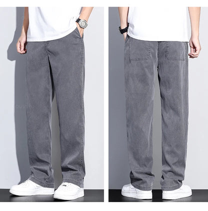 Summer New Upgrade Soft Lyocell Fabric Jeans Men Ultrathin Blue Elastic Waist Loose Straight Denim Trousers Male Plus Size 5XL