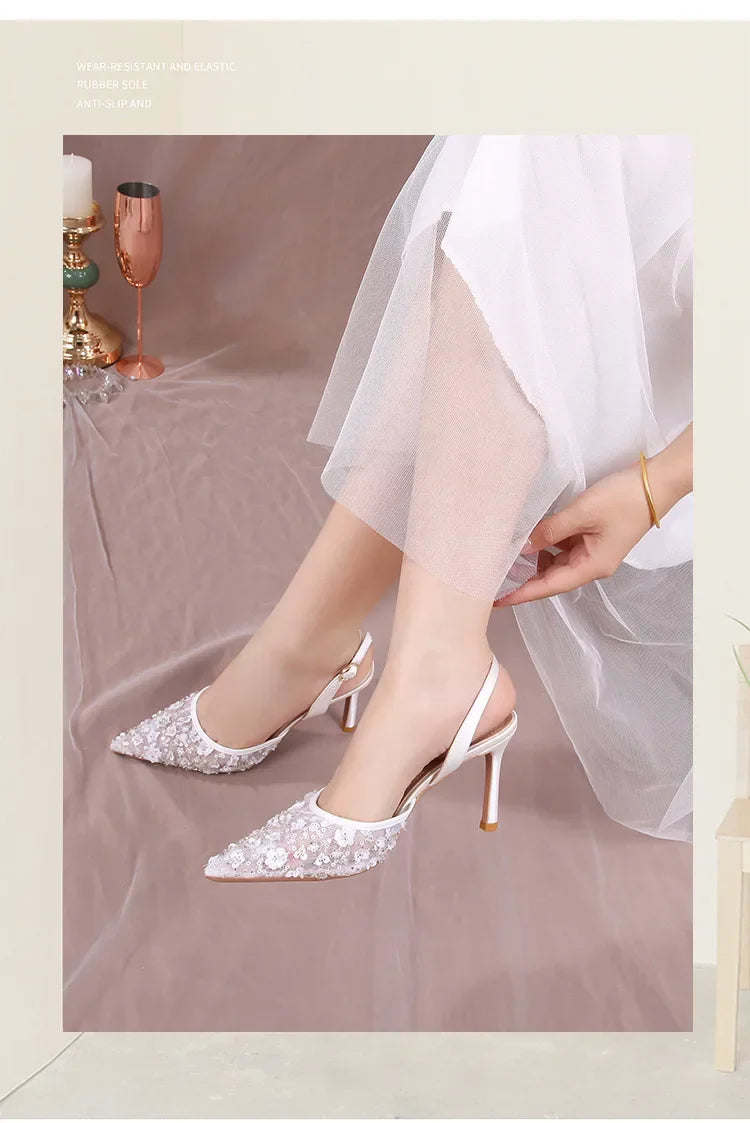 Size 34-42 2025 Summer Beaded High Heel Wedding Shoes Women Lace Mesh Party Dress Shoes