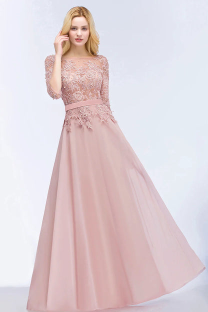 2024 Dusty Rose Evening Dresses Chiffon Appliques 3/4 Sleeves Banquet Formal Party Prom Gowns Maxi Robe De Soiree