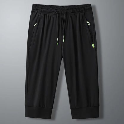 2024 Black Summer New Running Loose Ice silk Zipper Pocket Seven Quarter Pants Men Thin Casual Beach Over Knee Straight Shorts